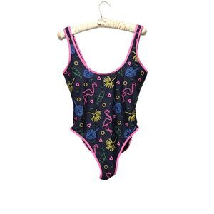 UNDERCURRENT Pink and Black Colorful One Piece Swimsuit Large Flamingos